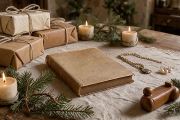 Table de Noël chaleureuse à Valençay, avec des cadeaux de seconde main emballés, un livre ancien, un bijou vintage et un jouet en bois dans une ambiance hivernale.