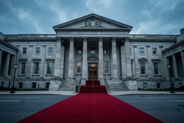 Tapis rouge vide menant à l’entrée monumentale d’un palais de justice, dans une ambiance cinématographique et d’enquête.